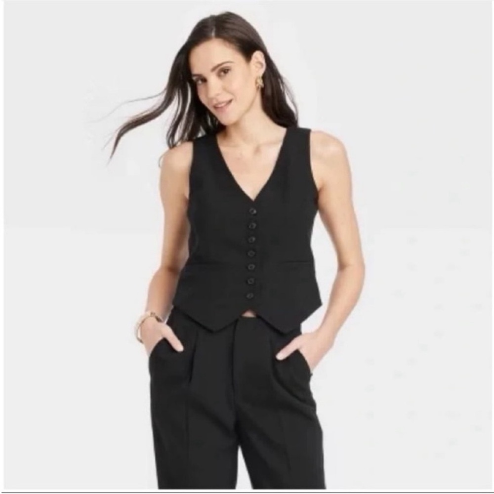 a new day Black linen button vest button down front Large L